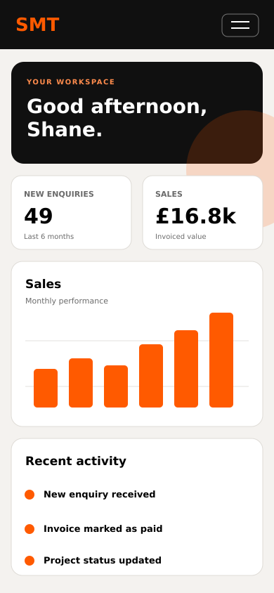 SMT admin dashboard on an iPhone screen